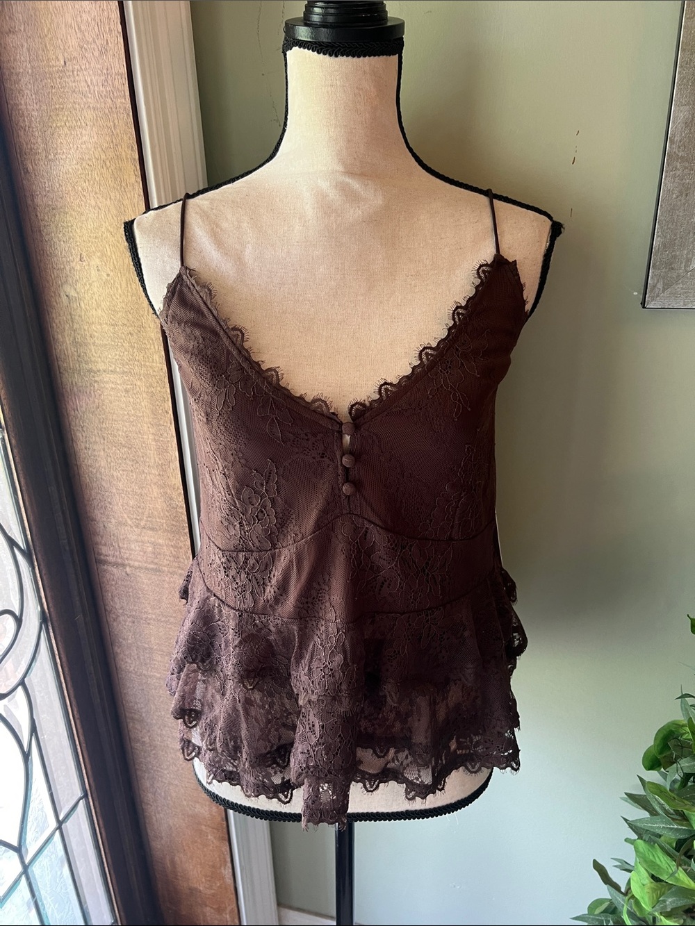 Lace-Trim Brown Spaghetti Strap Camisole